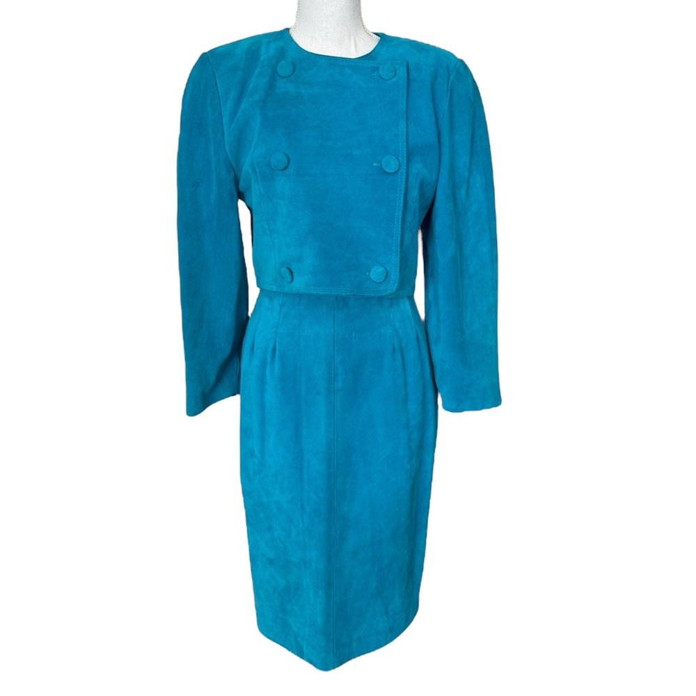 Neto Teal Suede 2 Piece Cropped Jacket & Skirt Set